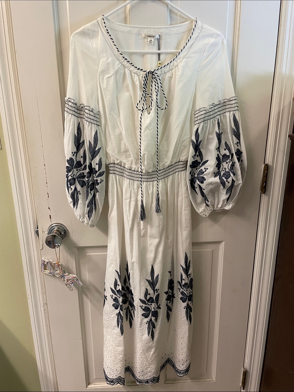 Sophie Max White Midi Dress with Navy Embroidery